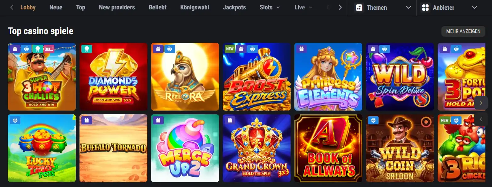 King Billy Spielelobby mit Slots, Tischspielen und weiteren Kategorien