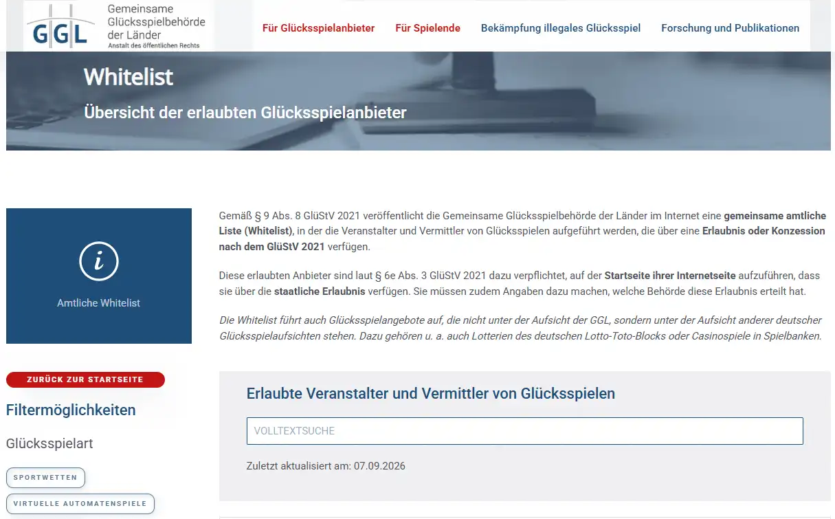 GGL-Whitelist zur Prüfung des deutschen Lizenzstatus von King Billy