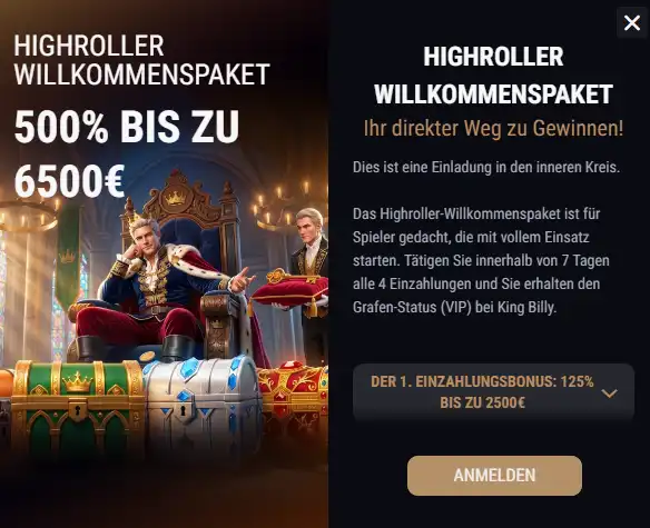 King Billy Bonusbereich mit sichtbaren Aktionen und Angebotsdetails